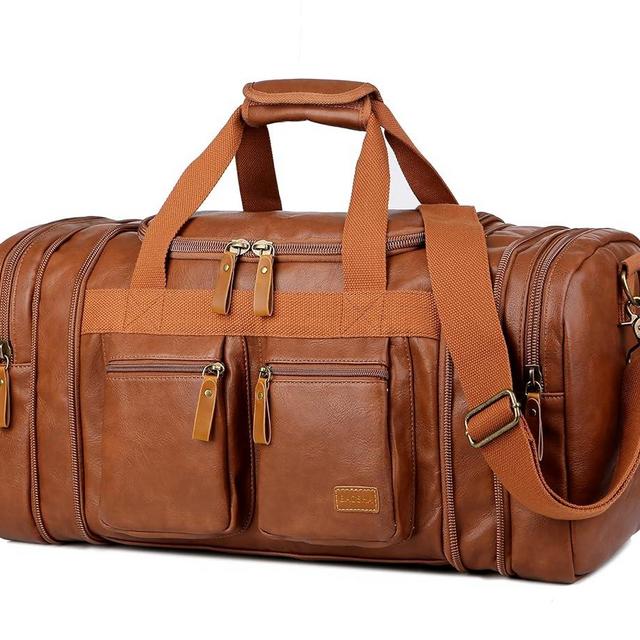 Leather Travel Duffel Weekender Bag Carry on Overnight Bag Sports Duffel bag For men and Women HB-21 (Brown)