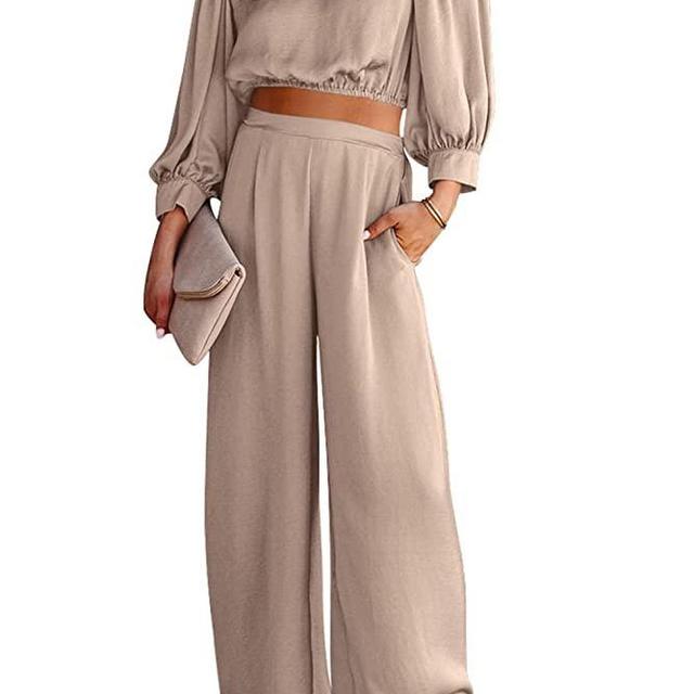 PRETTYGARDEN Women's 2 Piece Satin Outfits 2023 Spring Casual Puff Sleeve Crop Tops Blouse and Long Palazzo Pants Set