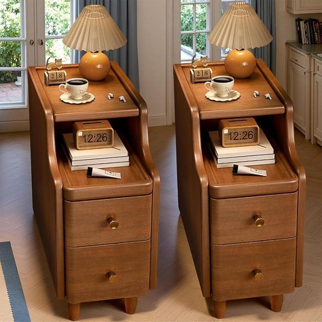 Narrow Nightstand with Drawers, Small Nightstand Solid Slim Wood Night Stand for Small Spaces, Mid Century Modern Slim Skinny Nightstands with Drawers, Skinny End Stand for Bedroom(2 pcs)