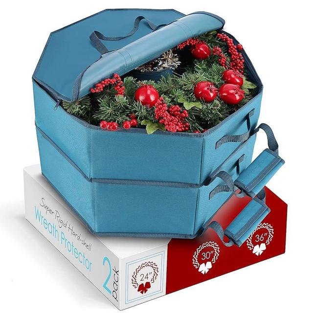 Hearth & Harbor Container-Hard Shell Christmas Bag with Interior Pockets, Dual Zipper and Handles-Premium Wreath Storage Organizer Box, 24", Blue