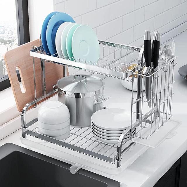 Kitsure Dish Drying Rack, Multifunctional Dish Rack, Rustproof Kitchen Dish Drying Rack with Drainboard , Space-Saving 2-Tier Dish Drying Rack with a Large Capacity for Kitchen Counter, Silver
