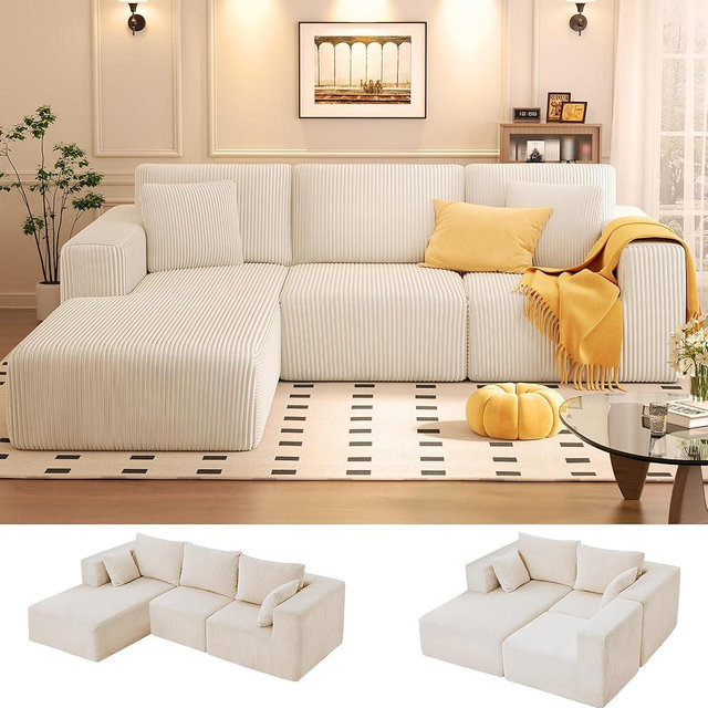 KINGYES Modular Sectional Sofa, 107'' Cloud Couch for Living Room, L Shaped Modern Sectional Sofa with Chaise for Bedroom, Beige