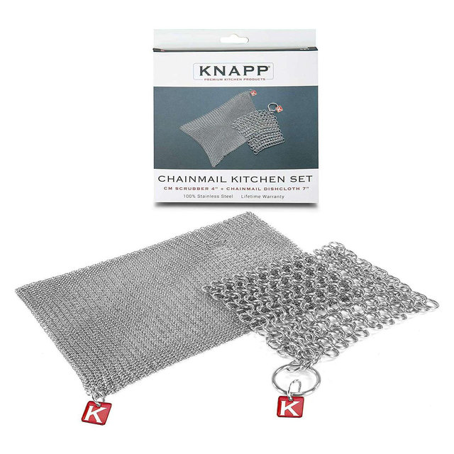 BBQ-AID Knapp Made Cast Iron Chainmail Scrubber Kitchen Set - 4" and 7" Cast Iron Scrubber for Your Finest Pots, Pans, and Kitchenware