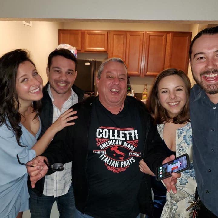 Joe really became part of the Colletti family at Kat's Parent's wedding in Feb 2020! Here is Kat and Joe with Kat's little sis, Dre, her boyfriend Nick, and Uncle Mike sporting a COLLETTI sweatshirt