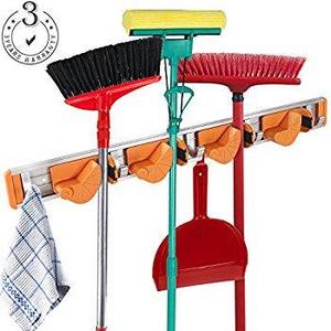 Berry Ave Broom Holder and Garden Tool Organizer for Rake or Mop Handles Up To 1.25-Inches, Remove Clutter From Bathroom and Laundry Room, Closet and Garage Organization System (Black)