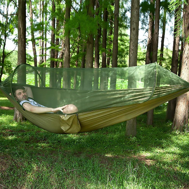 LFL Camping Hammock with Mosquito Net, Hammocks with 13ft Tree Straps Carabiners, Automatic Quick Open Outdoor Portable Hammock, Nylon Parachute Material Outside Hiking Gear (Green)