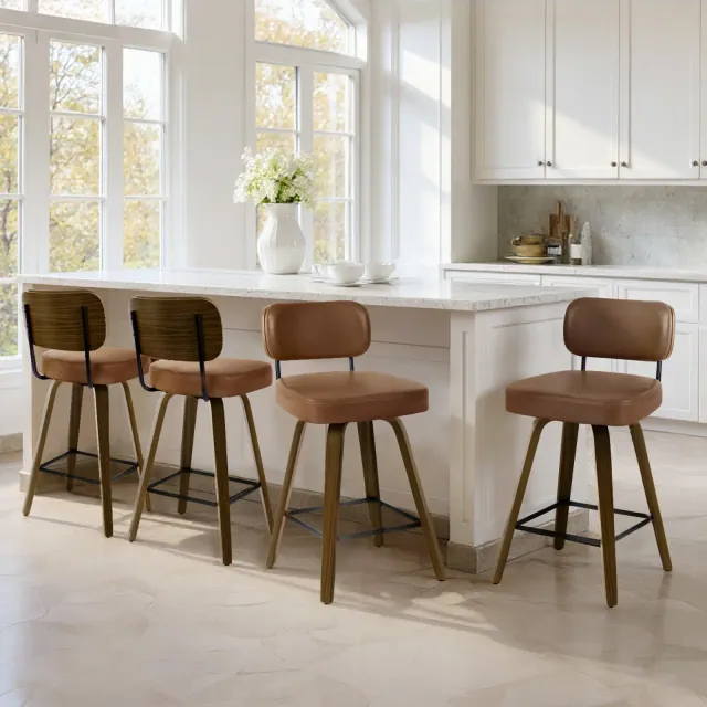 Bekrvio 29" Set of 4 Swivel Bar Stools with Upholstered Back, Wood Legs, Mid Century Modern Bar Chairs Faux Leather Kitchen Island Barstools, Brown