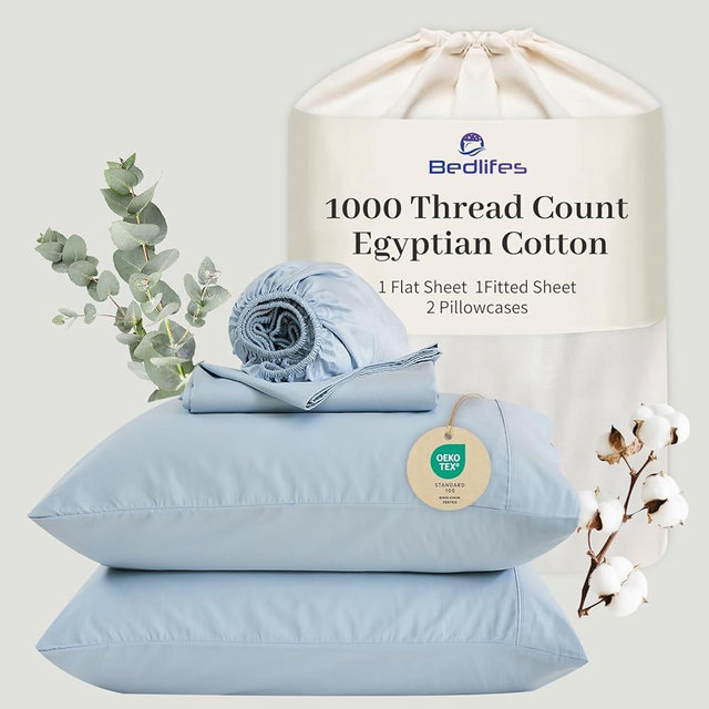 Bedlifes Egyptian Cotton Sheets 1000 Thread Count King Size, 4-Piece 16" Deep Pocket - Cooling & Breathable Ultra Soft Bedding for Hotel Comfort (Light Blue)