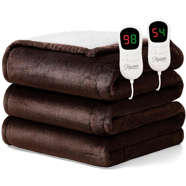 Homemate Electric Heated Blanket King Size - 100"x90" Heating Blanket King Size Dual Control 1/2/4/6/8 Hours Auto-Off 10 Heat Level Over-Heat Protection Flannel Sherpa ETL Certification