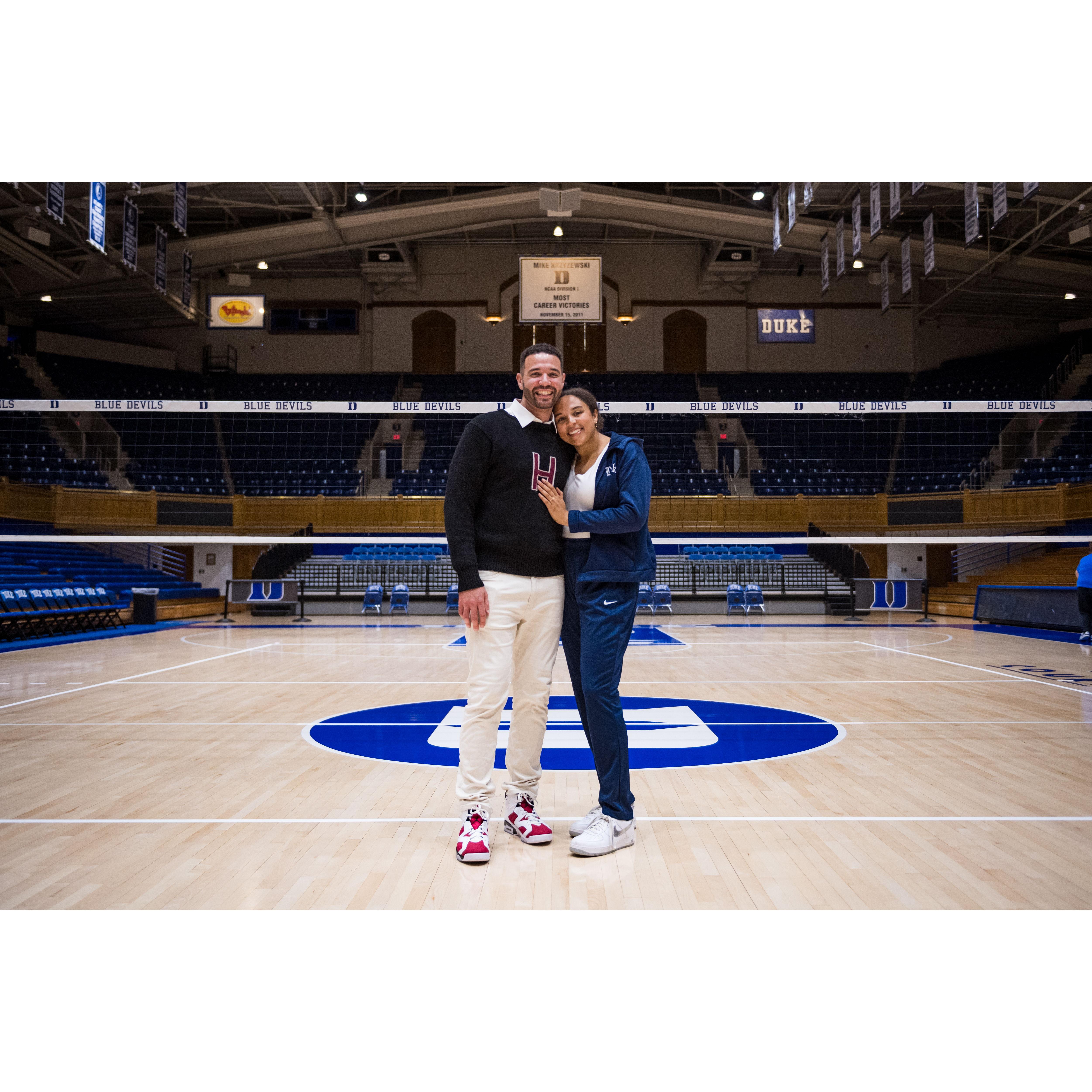 Davon gave Jordan the surprise of a lifetime by proposing during Duke Volleyball Alumni Weekend in the legendary Cameron Indoor Stadium.