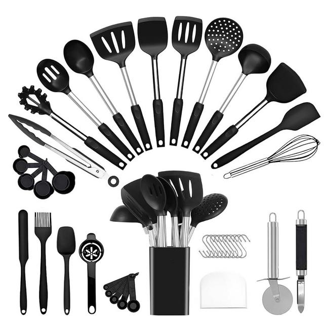 Kitchen Utensils Set Silicone Cooking, 40 Pcs Black Stainless Steel Metal, Spaghetti Spoon Cookware Utensils, Rubber Tools Nonstick Kitchenware Can Withstand Temperatures Up To 446°F, Dishwasher Safe