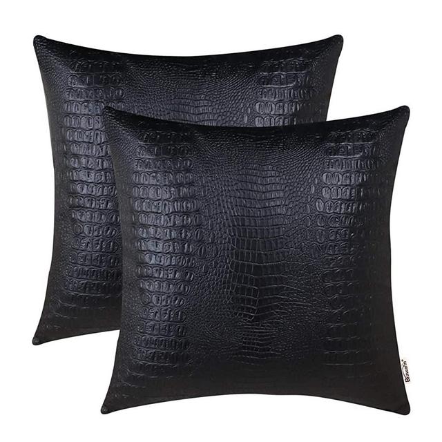 Brawarm Black Leather Pillow Covers 20 X 20 Inches Cushion Covers Set of 2, Black Decorative Crocodile Pillow Covers, Black Leather Pillow for Living Room Garden Couch Bed Sofa