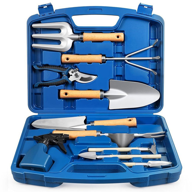 Grenebo 12-Piece Gardening Tool Set for Men, Rust-Proof & Heavy-Duty Hand Garden Tools with Sturdy Blue Carrying Case, Practical & Stylish Gardening Gifts for Men (Blue)