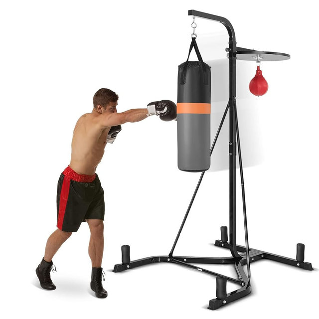 GYMAX Punching Bag with Stand Adult, Freestanding Boxing Machine with Height Adjustable Speed Ball & Sandbag, Pre Filled Heavy Punching Bag for Adults, Kickboxing Bag for Training MMA Muay Thai