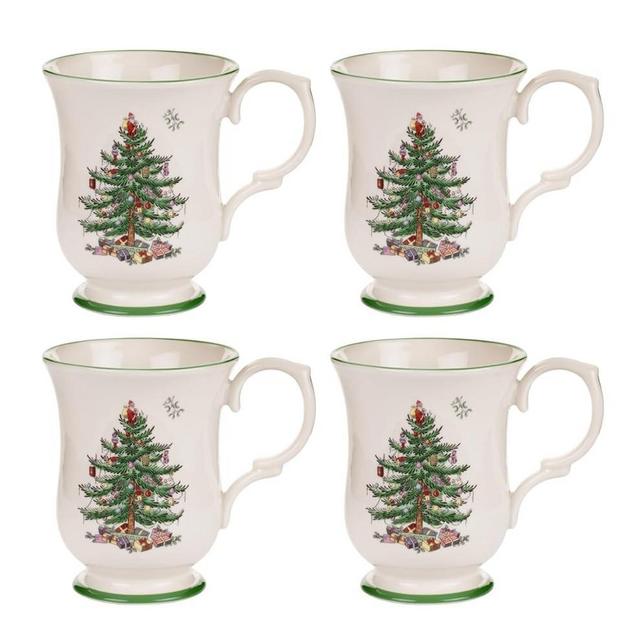 Spode Christmas Tree Collection Footed Mug, Set of 4, 12-Ounce Capacity, Romantic Shape, Tea Cup with Handle, Mug for Coffee, Hot Cocoa, and Lattes, Dishwasher Safe