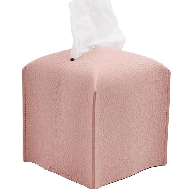 Livelab Tissue Box Cover Holder, Square Modern Decoration PU Leather Facial Tissues Case Roll Paper Dispenser for Bathroom Vanity Countertop, Night Stands, Office Desk Car 5X5X5'' | Pink