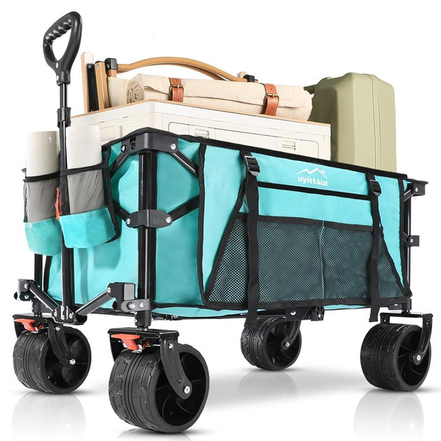 Uyittour Collapsible Wagon Cart Heavy Duty Foldable, Folding Beach Wagon with Big Wheels for Sand, Utility Grocery Cart with Side Pocket and Brakes for Sports Outdoor Activities, Light Blue