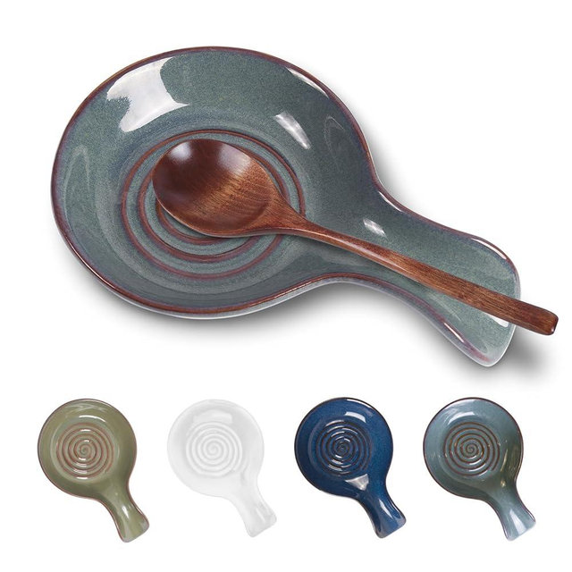 JINIHFW Spoon Rest for Kitchen, Ceramic Spoon Holder for Stove Top, Cooking Spoon Holder,Kitchen Spoon Rest,Heat Resistant Utensil Rest for Countertop, Dishwasher Safe, Blue-Green