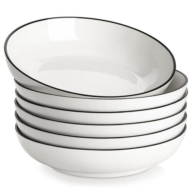 MALACASA 8.85" Large Pasta Bowls, 42 OZ White Salad Bowls Soup Bowls, Porcelain Serving Bowls Set of 6, Ivory White with Black Rim, Microwave & Dishwasher Safe, Series REGULAR