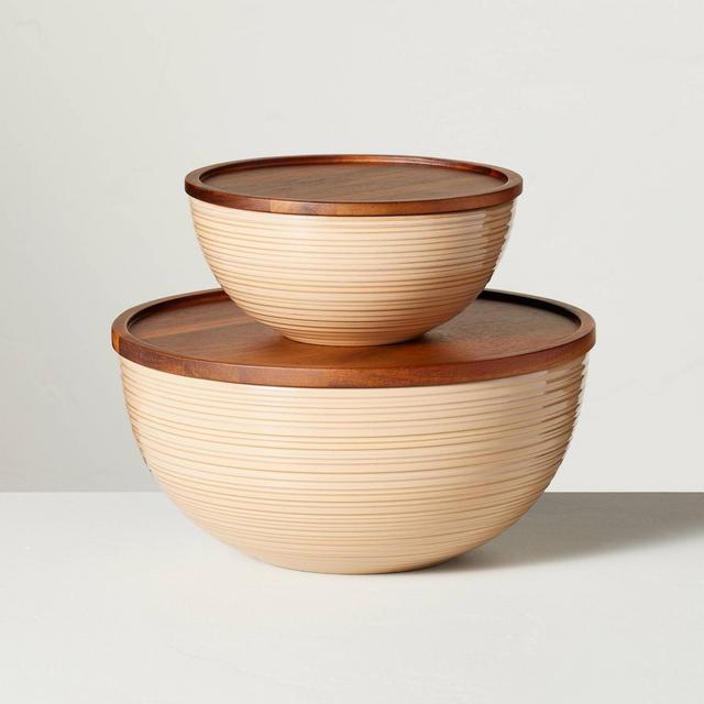 Ribbed Stoneware Serving Bowls with Wood Lids Blush/Brown - Hearth & Hand™ with Magnolia