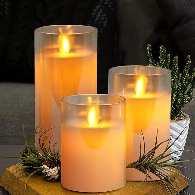 Amber Flickering Flameless Candle, Realistic LED Candles with Remote Timers, Warm Light Candles for Birthday Party Wedding Festival Home Decoration, D3"x H4"5"6" Pack of 3