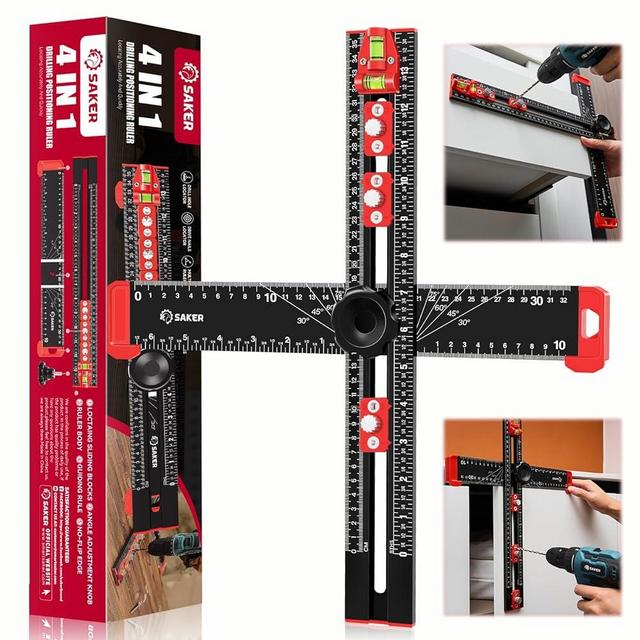 Saker 4-in-1 Drilling Positioning Ruler, Adjustable 13.78in Multifunctional T Square Ruler, Cabinet Hardware Jig, Marking Gauge Tools for Woodworking, Cabinet Drawer Door Hole Drilling Template
