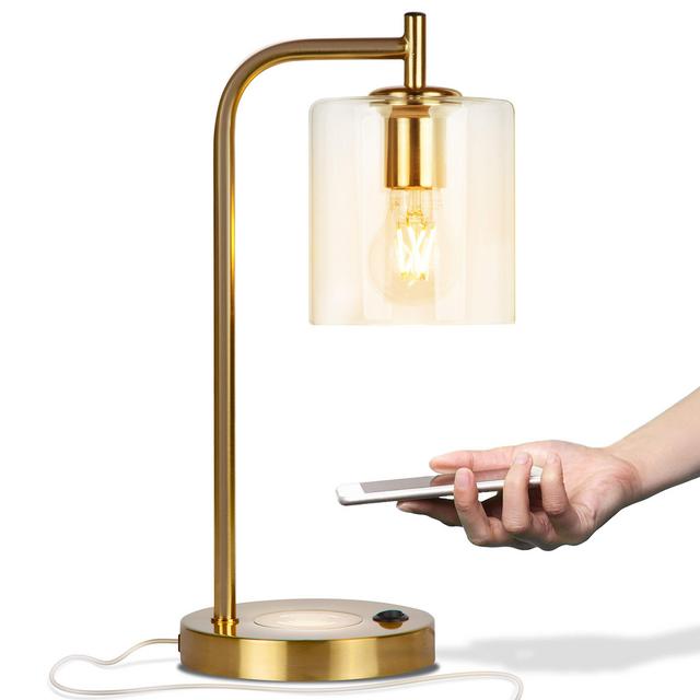 Brightech - Elizabeth LED Desk Lamp with Wireless Charging Pad and USB Port – Midcentury Industrial Table Light for Living Room, Office, Bedroom - Hanging Glass Shade - LED Bulb - Brass Gold Color