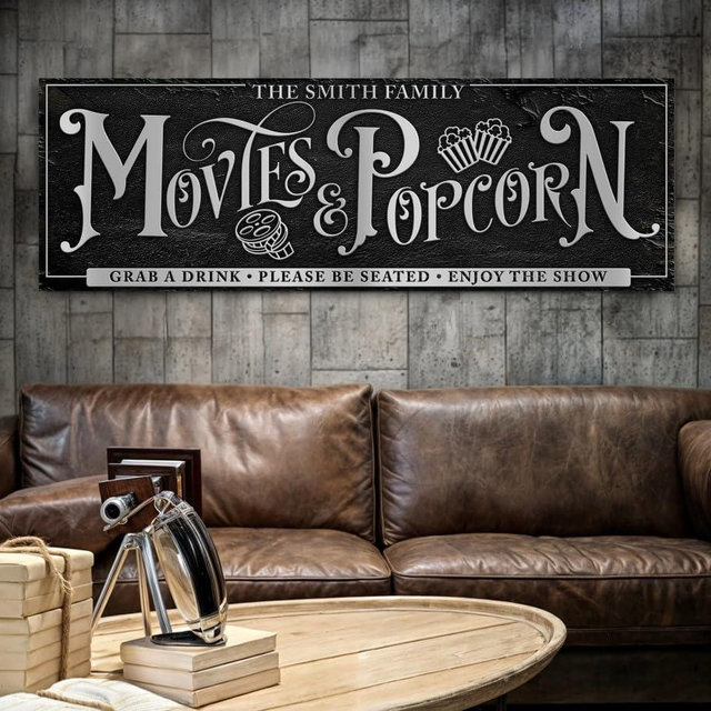 Tailored Canvases Personalized Movie & Popcorn Sign – Custom Home Theater Sign for Theater Room Decor, Home Theater Decor, Movie Theater Decor, Personalized Theater Sign – Multiple Sizes