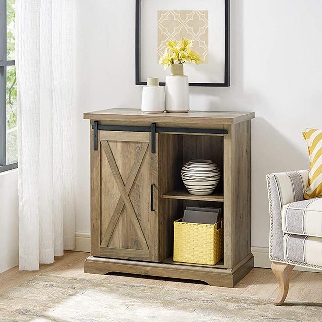 WE Furniture Modern Farmhouse Buffet Entryway Bar Cabinet Storage, 32 Inch, Brown Reclaimed Barnwood