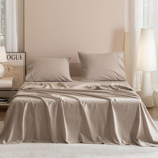 JIYUAN Queen Size Sheet Set, 4-Piece - 100% Washed Cotton, Linen-Like Soft & Breathable, Includes Deep Pocket Fitted & Flat Sheet with 2 Pillowcases, Hotel Quality, Heathered Warm Taupe