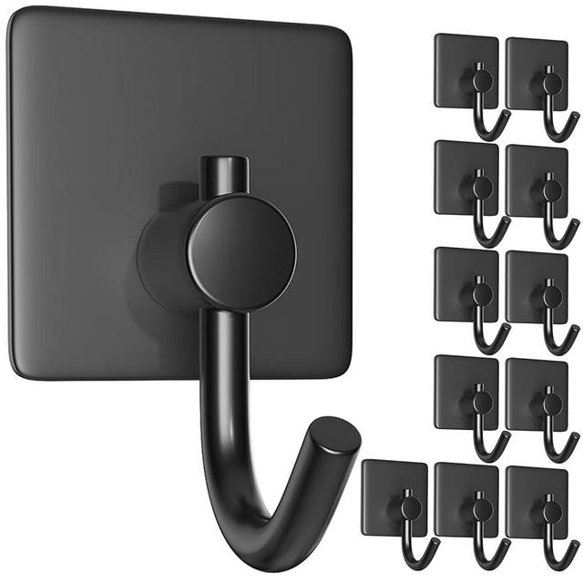 12 Pack Self Adhesive Hooks,Heavy Duty Stick On Wall and Door Hooks for Hanging,Bathroom Tower Hooks and Kitchen Hallway Sticky Black Hooks,Coat Hooks Robe Hook Wall Mounted,Stainless Rustproof