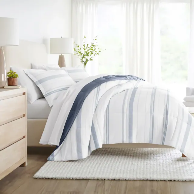 Stitched Stripe All Season Reverisble Comforter Down Alternative Filling - Becky Cameron, Stone/White, Full/Queen
