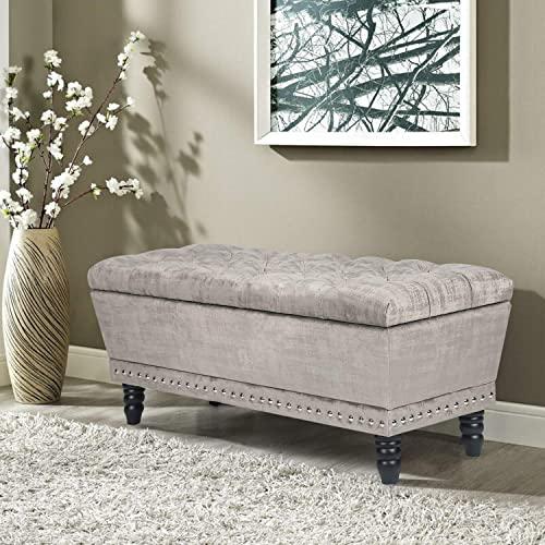 Homebeez Storage Ottoman Bench Velvet Tufted Foot Rest Stool with Nailhead Trim (Silver Gray)