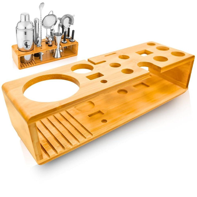 Cocktail Shaker Set Stand Only - Wooden Bartender Kit Stand - Bar Accessories Storage Holds Up to 15 Pcs - Bar Tools Set Bamboo Stand for Home Or Bar