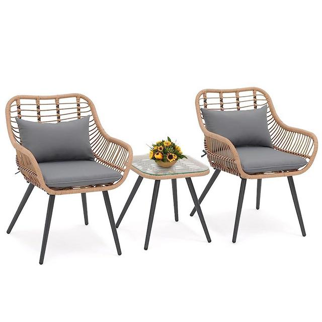 Verano Garden 3 Piece Patio Bistro Set, Outdoor Wicker Conversation Chair Sets Balcony Furniture,Coffee Table with Glass Top, Cushions & Lumbar Pillows for Porch, Backyard, Deck, Poolside