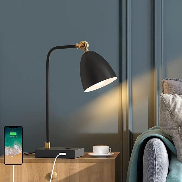 OYEARS USB Desk Lamp Mid Century Modern Reading Lamp Office Metal Black 18“ Work lamp for Bedroom Living Room Table Lamp Adjustable Head Matte Black with LED Bulb