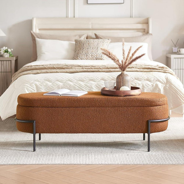 FiveWillowise Sherpa Storage Ottoman Bench for Bedroom, Brown End of Bed Bench with Storage, Upholstered Boucle Storage Bench with Metal Stand and Hinges, Oval Ottoman for Living Room, 52 Inch
