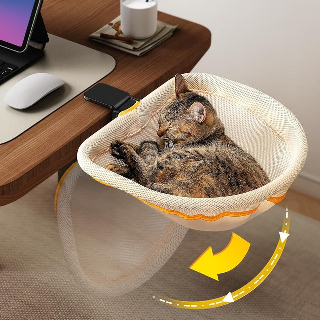 JUNSPOW Cat Desk Bed - One-Click Folding, Sunken Design & Space-Saving Semi-Circular Cat Bed, Mesh Cover Material, Suitable for Various Desktops-Maximum Hold Up to 40lb