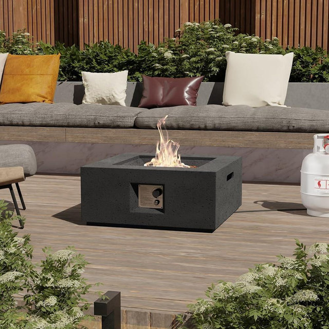 SUNBURY Outdoor Fire Pit, 28" Square Propane Gas Patio Fire Table 50,000 BTU Concrete Travertine Design, Small Firepit Table with Lava Rocks, Waterproof Cover (Grey)