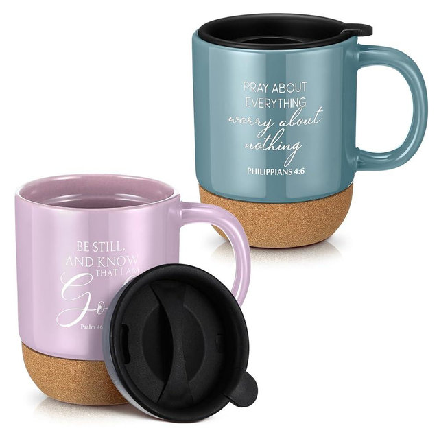 Filltouch 2 Pcs Christian Coffee Mug Pastor Appreciation Gift for Church Women Men Bulk 15 oz Bible Verses Religious Inspirational Cup with Cork Bottom for Study Group Member Sunday Pastor Wife Clergy