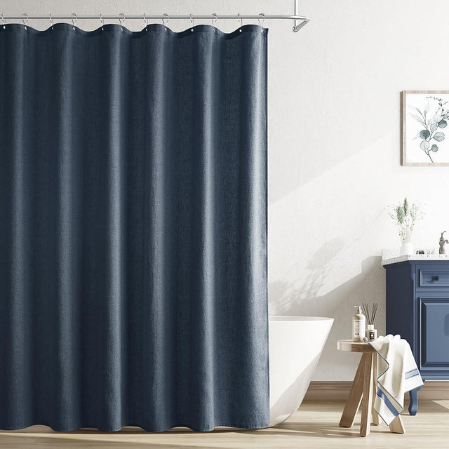 Naturoom Denim Blue Linen Shower Curtain, Country Boho Farmhouse Bath Decor Shower Curtains Neutral Cloth Weighted Textured Fabric Bath Curtain Liner with Hooks, 72x72