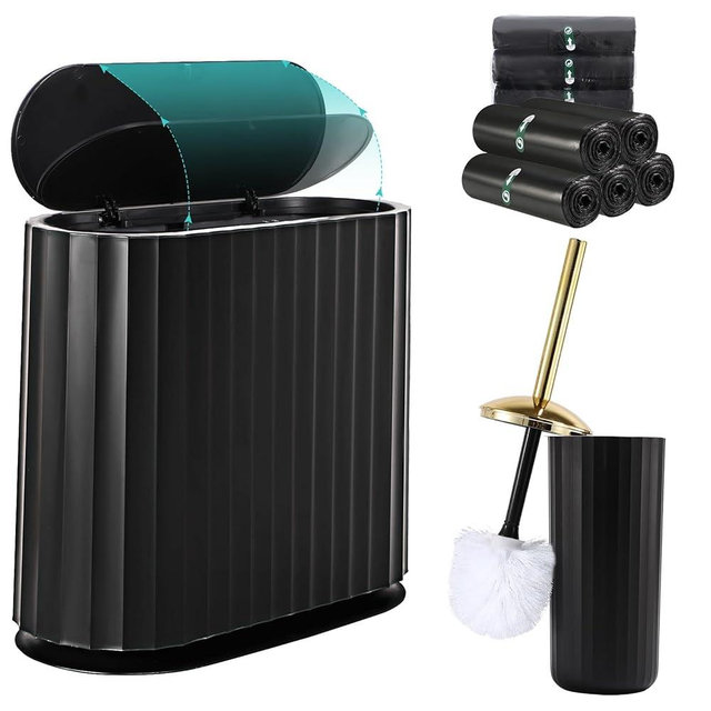 XLHOMO Small Bathroom Trash Can with Press Type Lid, Toilet Brush and Holder Set,Slim Black Bathroom Garbage Can, Slim Narrow Trash Bin 2.6 Gallon Garbage Bin, 75Counts Trash Bags