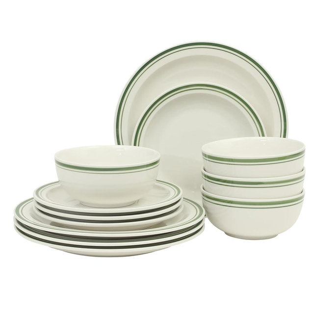 Gibson Home Hometown Diner 12-Piece Porcelain Dinnerware Set, Round Plates and Bowls Set for 4, White with Green Rim, Dishwasher Safe – Dinner Plate, Salad Plate & Cereal Bowl
