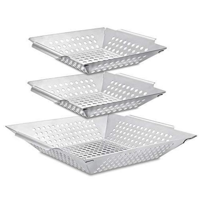 3 Pack Grill Basket Set - Heavy Duty Stainless Steel Grilling Accessories,Grilling Wok for Vegetable, Kabob, Shrimp, Fit All Grill