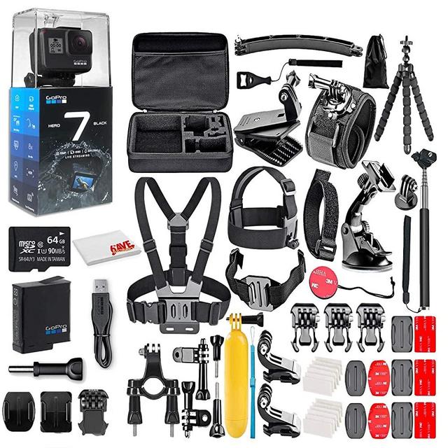 GoPro HERO7 Black - Waterproof Action Camera with Touch Screen, 4K HD Video, 12MP, Live Streaming and Stabilization - with 64GB Card and 50 Piece Accessory Kit - Ecommerce Packaging - Loaded Bundle