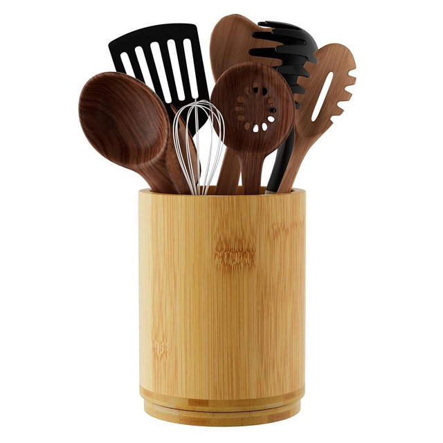 Segtenant Utensil Holder, Bamboo Kitchen Utensil Holder for Countertop, 360°Rotating Cooking Utensil Crock for Kitchen Counter, 7.2" Large Utensil Organizer for Spatula