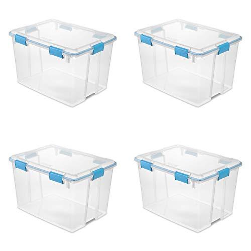 Sterilite 19384304 80 Quart/76 Liter Gasket Box, Clear Lid & Base w/ Blue Aquarium Latches & Gasket, 4-Pack