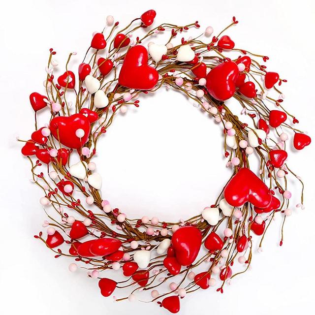 TEMPUS 18-inch Artificial Valentine's Day Wreath, Love Berry Wreath for Valentine's Day Wall Decorations,for Family Wedding Party Anniversaries. (red)