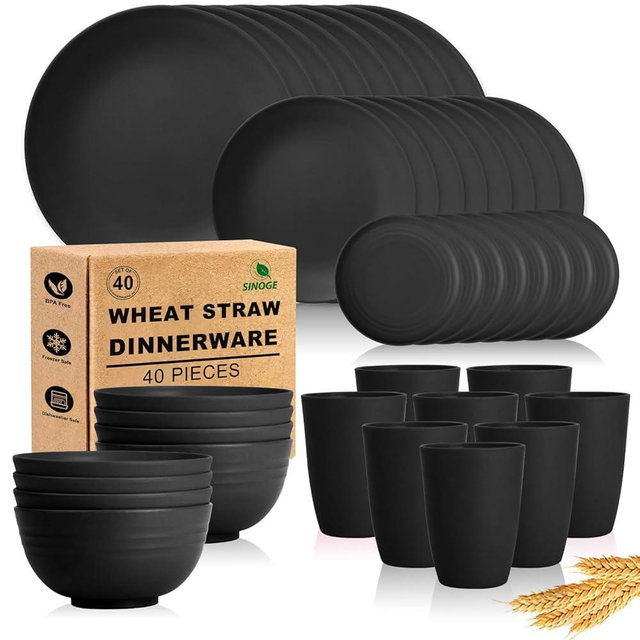 SINOGE Wheat Straw Dinnerware Set 40PCS, Unbreakable Plates and Bowls Set, Black Plastic Reusable Cups Service for 8, Dishwasher Microwave Safe Dinner Dishes Sets for Kitchen,RV- Black Feast