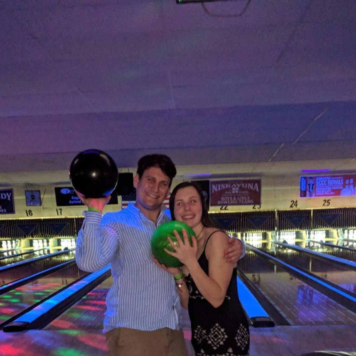 Molly's sorority formal @ Boulevard Bowl - Schenectady's local alley with $1 bowling & 🍺 pitchers. Pictured here, Molly holdin Kev's lucky ball